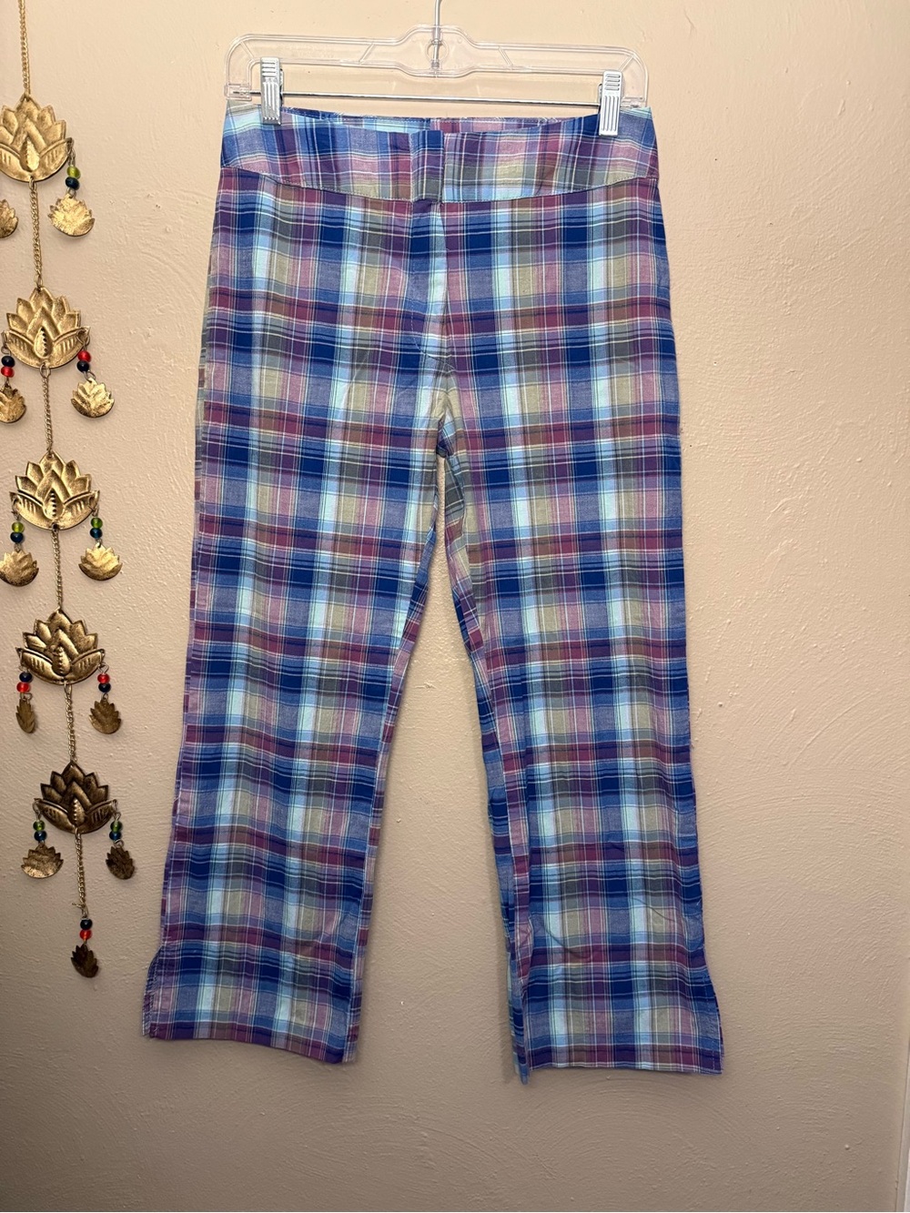 Y. K. Clothing Vintage Madras Preppy Plaid Cotton Cropped Slit Trousers Size 7